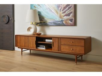 Manhattan TV Unit | Poplar Timber | Walnut Stain | Gold Accents