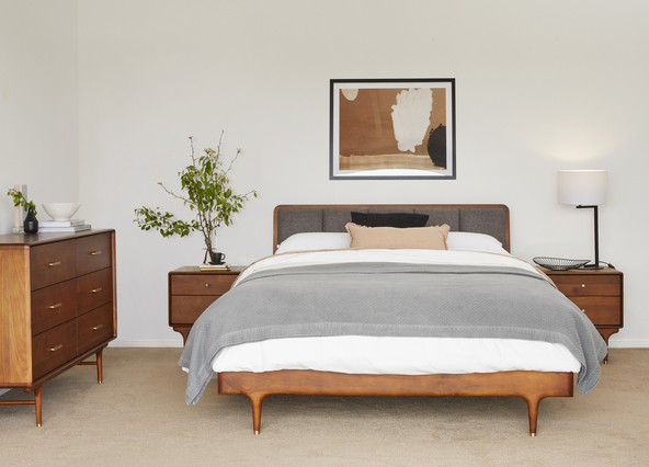 Manhattan Queen Bed Walnut Frame Grey Upholstery Style Shoot