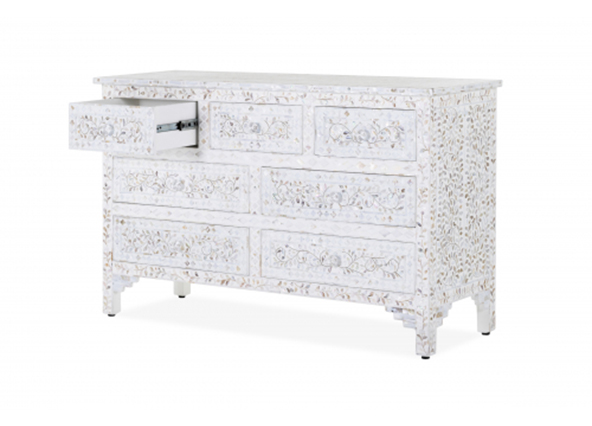 Portia Mother of Pearl Inlay Chest of 7 Drawers Angle Drawer Open