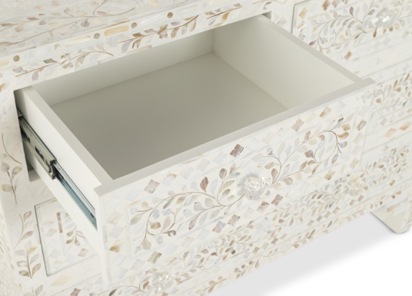 Portia Mother of Pearl Inlay Chest of 4 Drawers Open Up Close